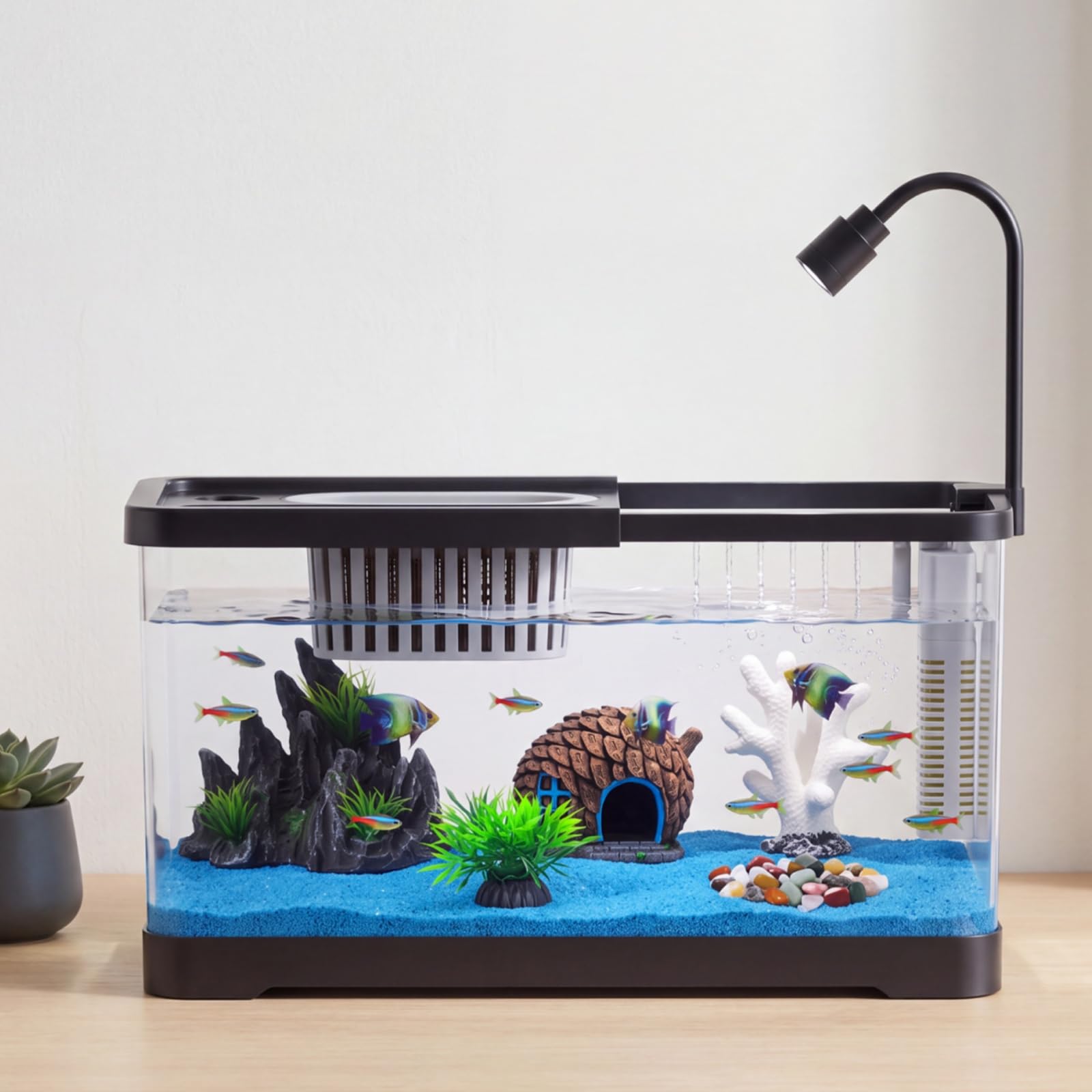 Aquarium Fish Betta - ชุดเริ่มต้นตู้ปลาพร้อมตัวกรองและไฟ ตู้ปลาพลาสติกสำหรับปลาทอง กุ้ง ปลากัด และปูเสฉวน