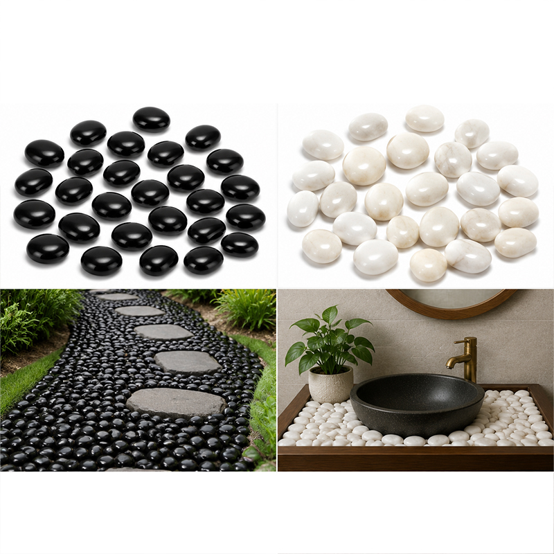 Fish Tank Gravel - หินแม่น้ำขัดเงาสีขาวและดำ 200g-400g, หินกรวดเรียบสำหรับตู้ปลา ตู้เลี้ยงปลา ตกแต่งสวน ตกแต่งบ้าน