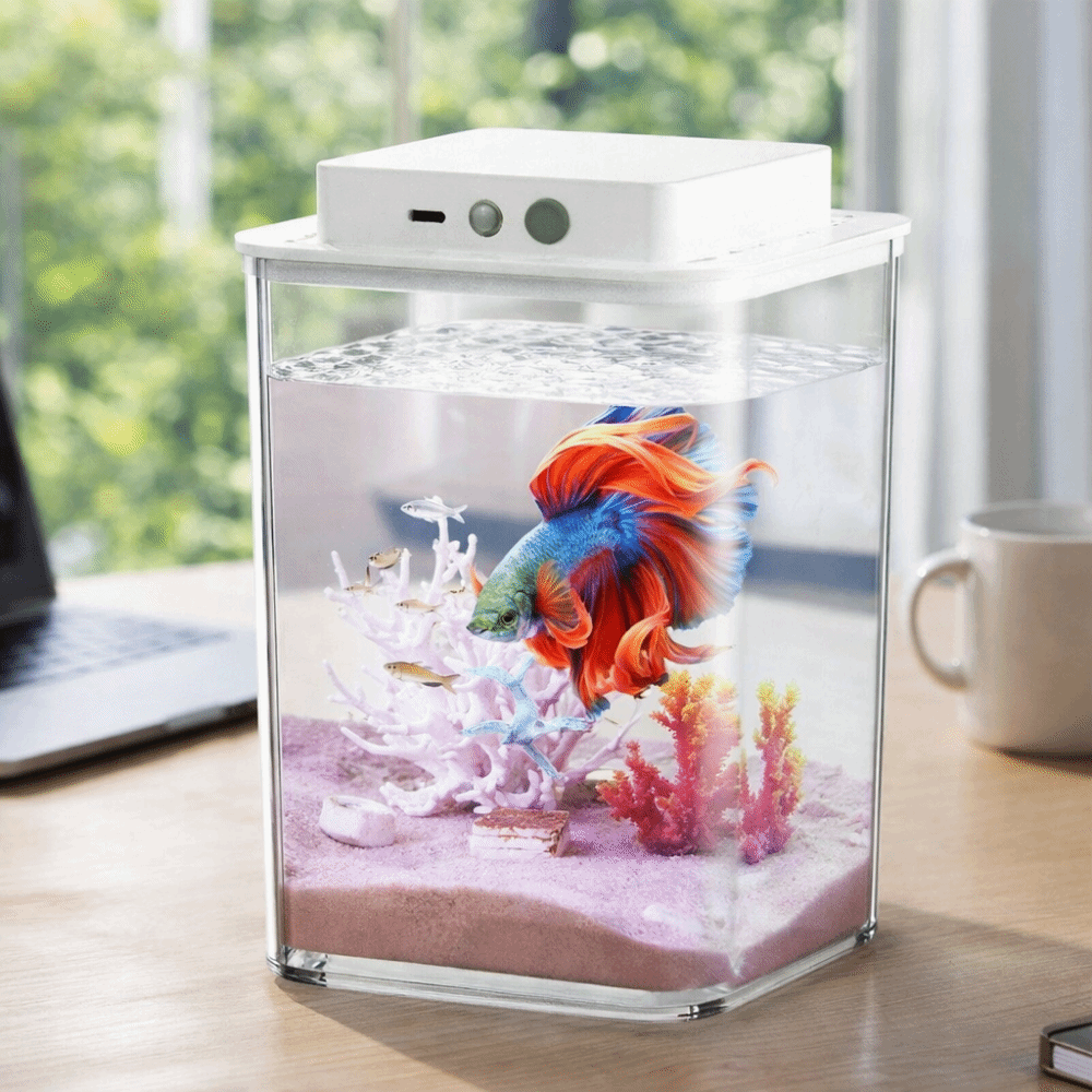 Betta Fish Tank - ตู้ปลาเบตต้าใสพร้อมไฟ LED อัจฉริยะ ตู้เพาะพันธุ์ปลาพลาสติก ชาร์จ USB
